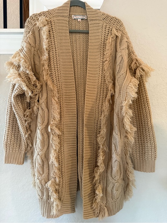 Flying Tomato Sweaters - Oversized Beige Fringed Cable Knit Open Cardigan